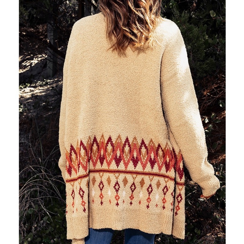WONDERLY Beige Maroon Diamond Pattern Long Open Cardigan Sweater Soft NWT Sz 1X